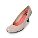 【残り僅か】Jレザーラウンドハイヒールパンプス ピンクベージュ/エナメル