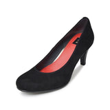 【残り僅か】Jレザーラウンドハイヒールパンプス ブラック/スエード