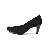 【残り僅か】Jレザーラウンドハイヒールパンプス ブラック/スエード