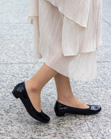 Jレザーヒールバレエシューズ ブラック/エナメル