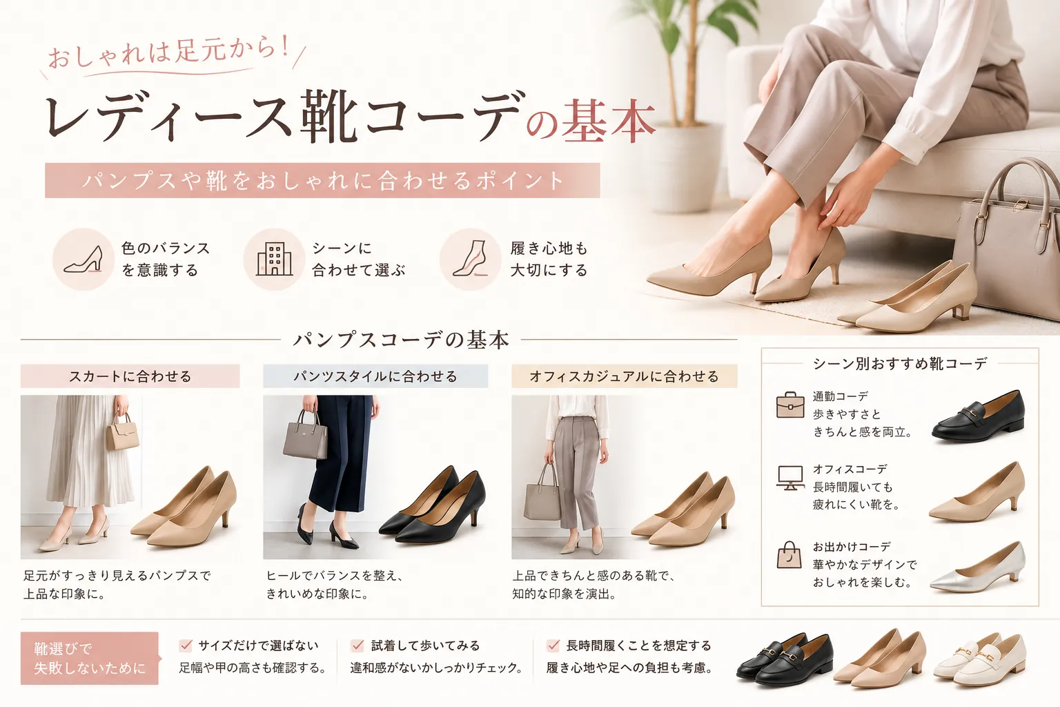 レディース靴コーデの基本|パンプスや靴をおしゃれに合わせるポイント